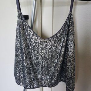Express Gray Sequin Cropped Strappy Top
